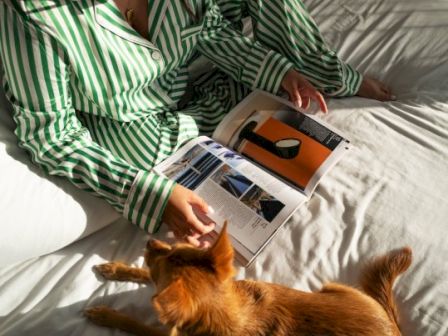 A person in striped pajamas reads a magazine while a small dog lies nearby on a bed in natural light.